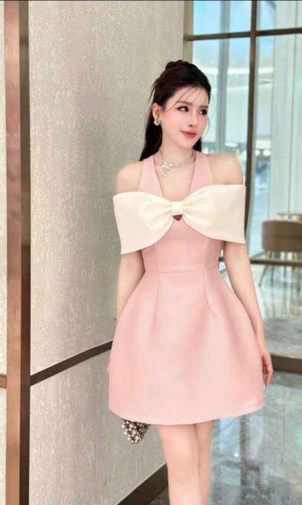 Đầm hồng nơ trễ vai size S - Mã HOSK007